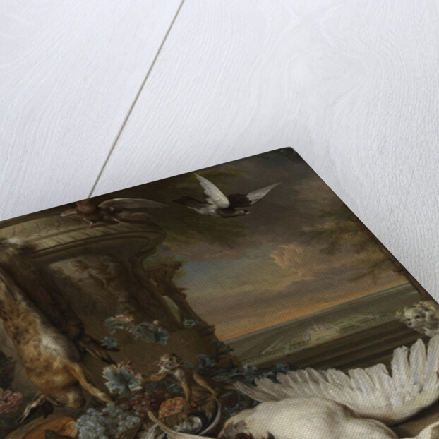 Hunting and Fruit Still Life next to a Garden Vase, with a Monkey, Dog and two Doves by Jan Weenix