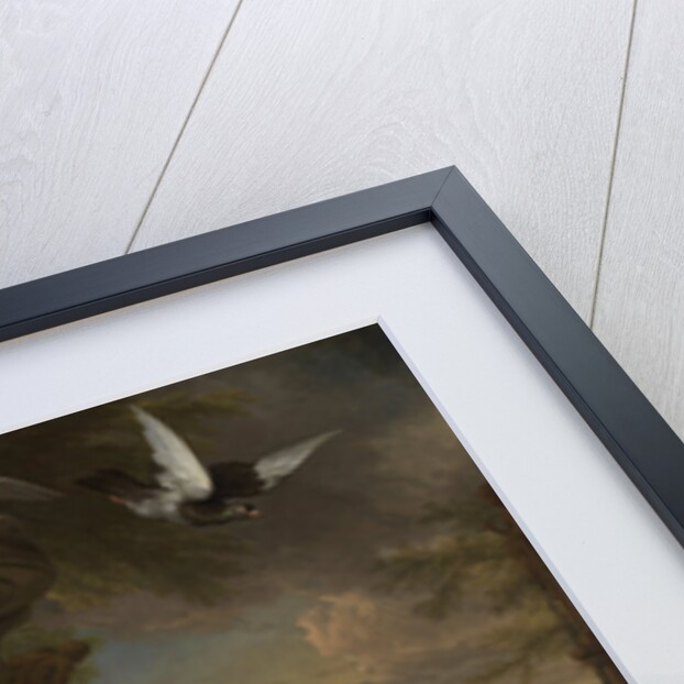 Hunting and Fruit Still Life next to a Garden Vase, with a Monkey, Dog and two Doves by Jan Weenix