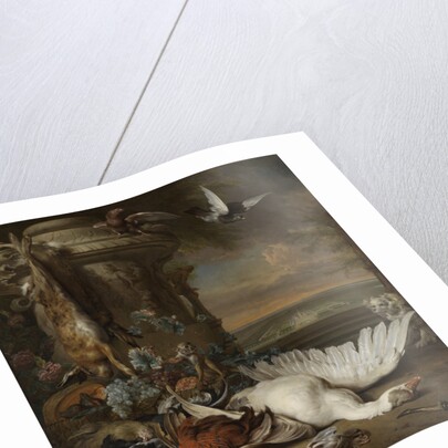 Hunting and Fruit Still Life next to a Garden Vase, with a Monkey, Dog and two Doves by Jan Weenix