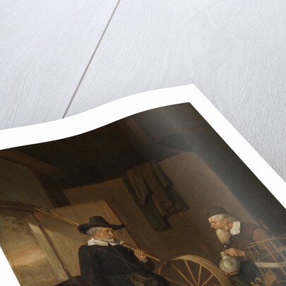 Interior with an Angler and a Man Sitting at a Spinning Wheel and Reel by Quiringh Gerritsz. van Brekelenkam