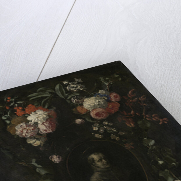 Garland of Flowers surrounding Portrait of Hieronymus van Weert, Martyr of Gorkum by David Teniers II