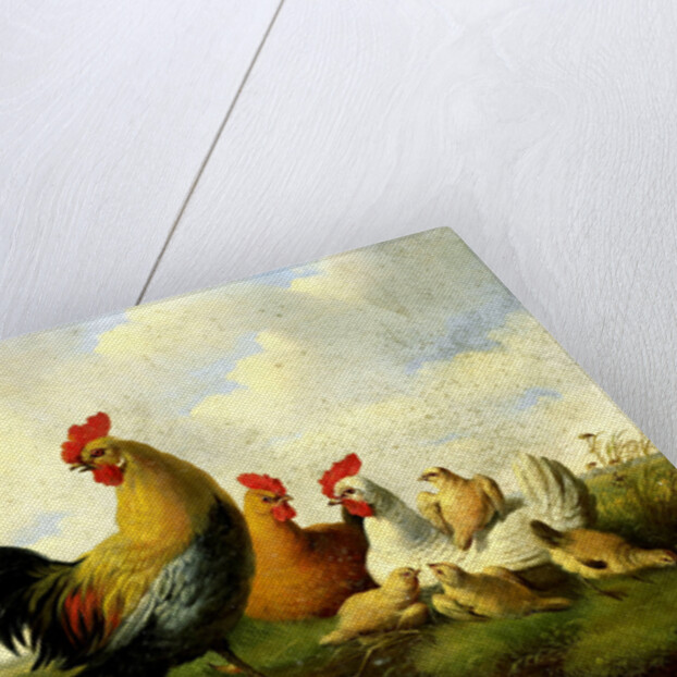 A rooster with hens and chicks by Albertus Verhoesen