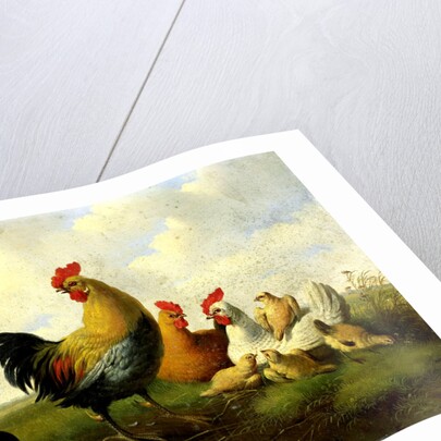 A rooster with hens and chicks by Albertus Verhoesen