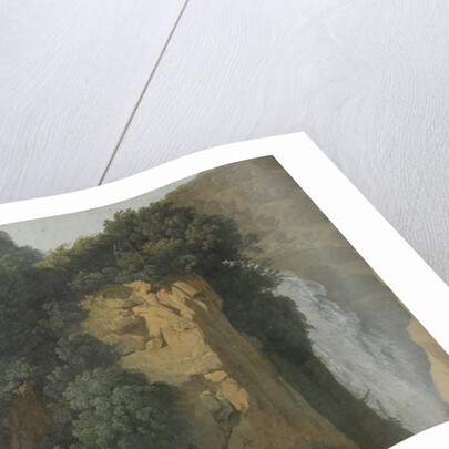 Overgrown Cliffs with a Waterfall in Italy, perhaps at Tivoli by Hendrik Voogd