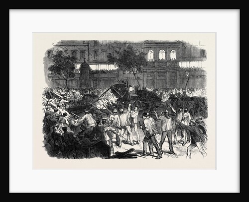 The Disturbances in Paris: The Mob Attempting to Construct a Barricade on the Boulevard Montmartre Opposite the Cafe Des Varietes 1869 France by Anonymous