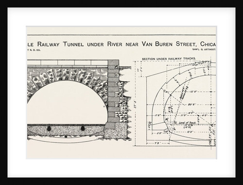 Cable Railway Tunnel Under River Near Van Buren Street, Chicago, 1890: Elevation of Tunnel Portal, and Section Showing Dimensions by Anonymous