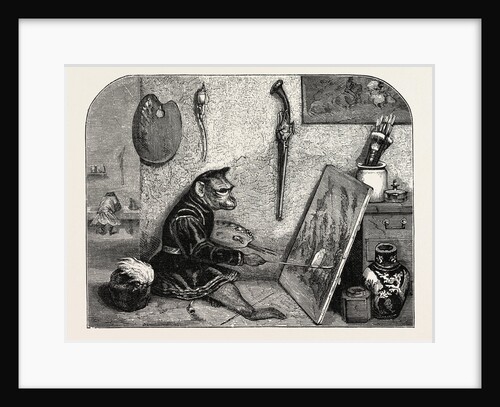 Salon of 1855. Monkey Painter, Engraving 1855 by Anonymous