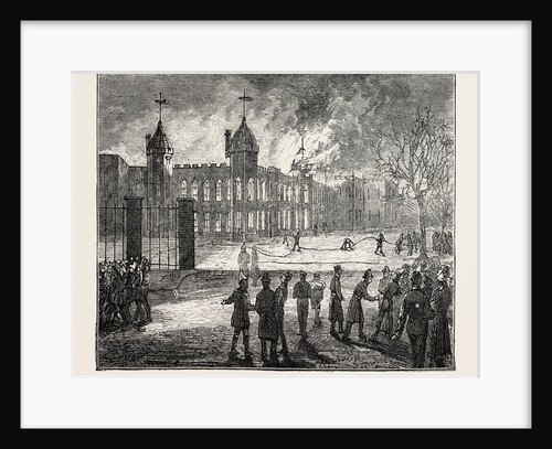 The Fire at the Royal Military Academy at Woolwich, UK: The Scene at 6.15 A.M.: The North East Tower Burning by Anonymous
