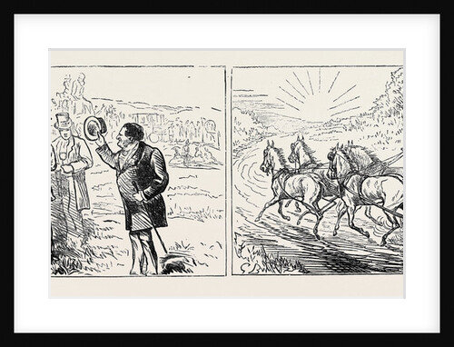 Left: The Old Bore Who Always Appears at Luncheon Time, Right: Home on Cousin Tom's Coach; Goodwood Races, a Ladies' Day, August 8, 1874 by Anonymous