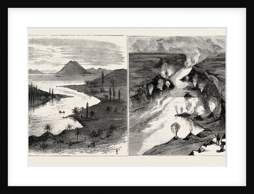 Exploration in the King Country North Island New Zealand: Source of the Upper Waikato River at Lake Taupo (Left Image) Upper Waikato River Near Lake Taupo Showing Terrace Formation of Pumice Rock and Boiling Springs (Right Image) by Anonymous