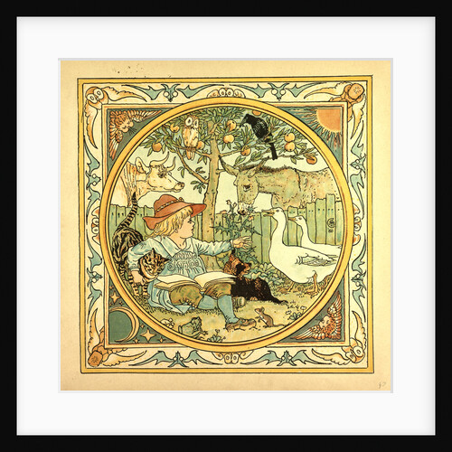 A Child Surrounded by a Cat Donkey Geese a Raven a Mouse a Frog an Owl and a Cow by Anonymous