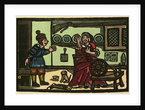 Illustration of English Tales Folk Tales and Ballads. Old English Interior. Woman with Spinning Wheel. Man and Dog by Anonymous