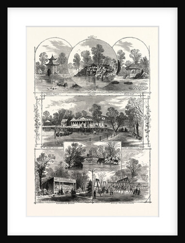 The Queen's Visit to Victoria Park: Views in the Park, London, 1873. Chinese Pagoda, Cascade, Rustic Seat, Boat House and Lake, Refreshment Saloon, Swings and Roundabouts by Anonymous