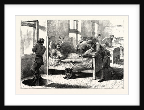 The Recent Fire in Chicago a Scene in the Firemen's Bedroom: The Firemen Sleep above the Engine Room and When a Call Comes Slide Down the Pole on to the Engine Beneath Without Losing a Moment by Anonymous