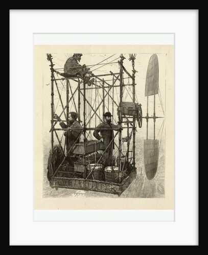 Albert Tissandier, Gaston Tissandier, and an Unidentified Man in the Basket of Their Airship Demonstrating an Electric Navigational System Featuring a Propeller by P. Ferat by Anonymous