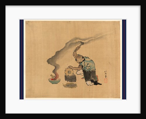 A man engaged in metalwork, appears to be melting statues to reuse the metal, with a kitten next to his left leg by Anonymous