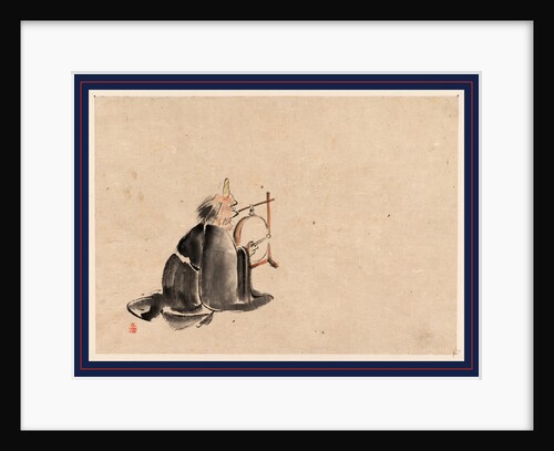 A Monk Wearing a Mask(?) with a Horn, Sitting on the Ground Beating a Drum (Tsuri-Daiko) by Anonymous