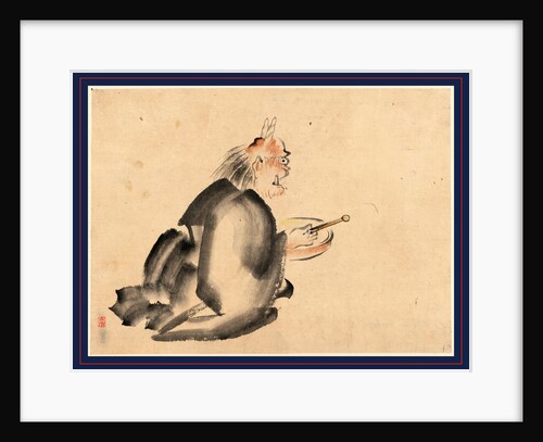 a Monk Wearing Mask(?) with Horns, Sitting on the Ground Beating a Drum by Anonymous