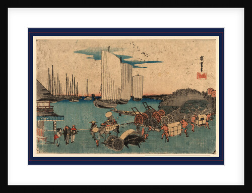 Sailing Ships in the Harbor, Men Moving Goods by Hand and with Carts in the Port Area, and a Small Building, Possibly the Customs House by Anonymous