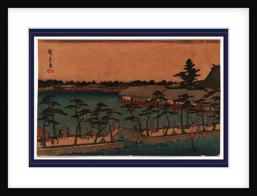 Pedestrians on a Tree-Lined Promenade that Bisects the Shinobazu Pond, with Buidings on Stilts Along the Shoreline by Anonymous