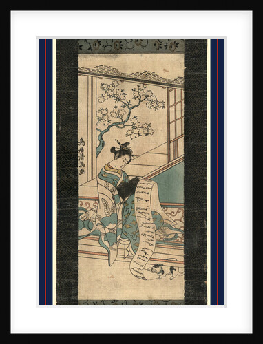 Woman Seated on a Bench Reading a Scroll, One End of which a Cat is Playing with from Under the Bench. by Anonymous