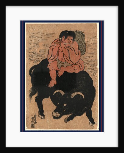 Kintaro, a Young Boy with Legendary Strength, Transformed As Sanro, Playing a Flute While Sitting on the Back of a Bull by Anonymous