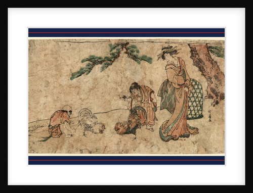 Woman and Two Young Men or Boys Watching a Cockfight Beneath a Pine Tree. by Anonymous