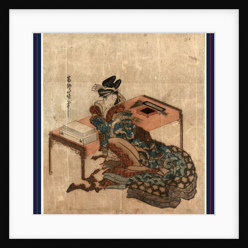 Courtesan Seated with Her Back against a Writing Desk, Holding a Slip of Paper (Tanzaku) with a Poem Written on It. by Anonymous