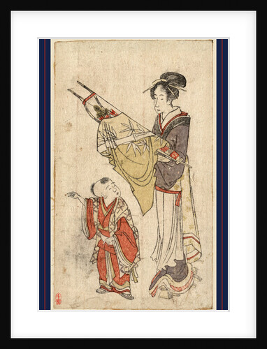 Woman Holding Bow and Arrows Draped in a Cloth, Standing Before a Young Boy. by Anonymous