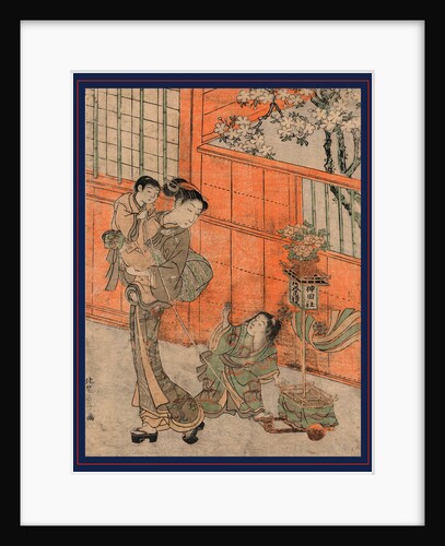 Woman Holding a Child Who Pulls a String Attached to a Toy Float, and Another Child Standing Next to the Float. by Anonymous