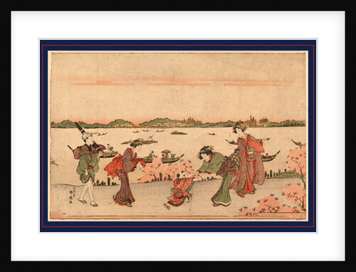 Three Women with a Male Attendant Carrying a Parasol, and a Child Walking Along Riverbank Among Cherry Trees by Anonymous