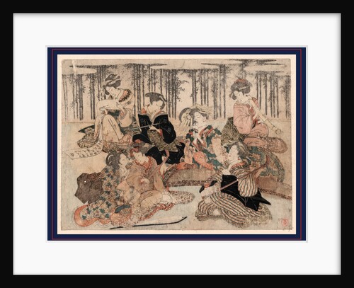 Seven Women Portraying the Seven Sages of the Bamboo Grove, Sitting Together with Musical Instruments (Shamisen, Koto, and Recorder), Tobacco Pipes, and a Scroll by Anonymous