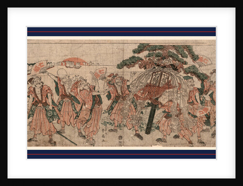 the Seven Lucky Gods of Japan with Large Festive Display with Pine Boughs from which a Large Fish is Hanging by Anonymous