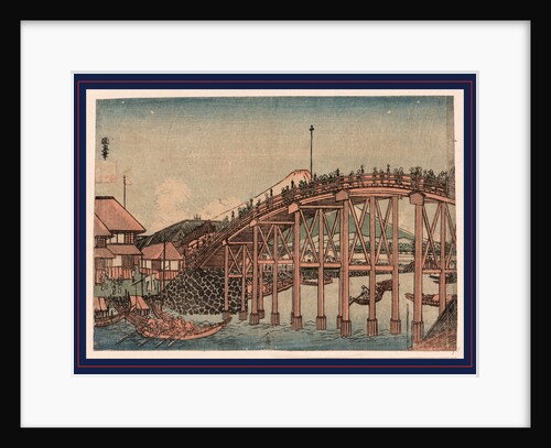 Pedestrians on a High-Arched Bridge Over the Nihonbashi River with a View of Mount Fuji in the Background by Anonymous