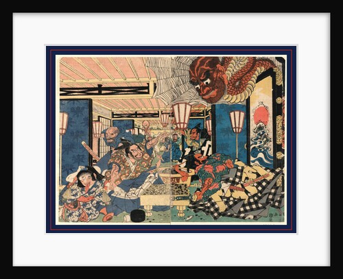 an Interior View of Room with Minamoto Yorimitsu and Another Man at a Go Gameboard As a Demon Crashes Through the Roof by Anonymous