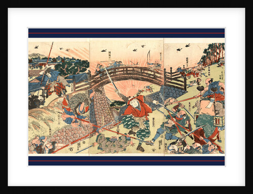 Several Actors in a Battle Scene with One Warrior Defending Himself against Several Attackers During an Assault on a Fortress, with Bridge in the Background by Anonymous