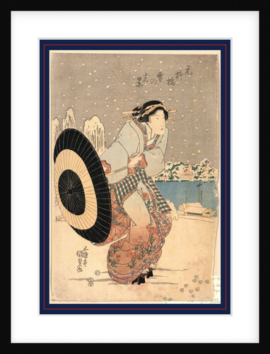 Woman Opening Up a Parasol While Walking in the Snow at Night Near the Motonoyanagi Bridge by Anonymous