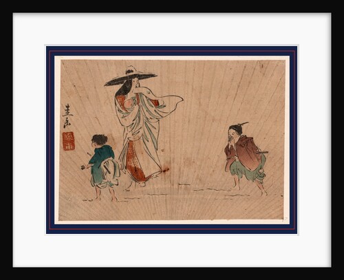 Tokiwa Gozen, Wearing a Large Snow-Covered Hat, Holding an Infant, a Young Man Appears to Be Calling to a Boy by Anonymous