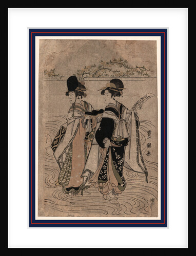 Two Women Crossing a Stream, One Woman is Holding a Long Piece of Paper, the Other Woman is Carrying Shoes on a Small Tray by Anonymous