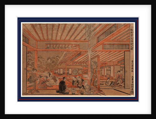 View Through Multiple Rooms of Small Gatherings, Men Playing Board Game, Women Playing with Pets, Drinking Tea, and Outside in the Snow, Rolling Large Snowballs. by Anonymous