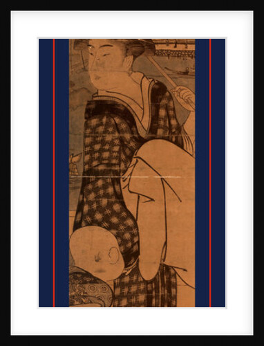 Woman, Holding a Parasol, Walking with a Young Boy, Crossing a Bridge. by Anonymous