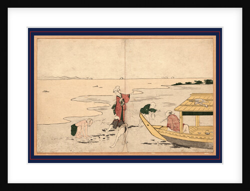 Five People Gathering Clams Along the Seashore Next to a Boat Pulled Up Onto the Beach by Anonymous