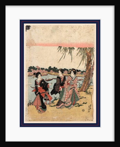 Three Women Standing on the Bank of a River, Viewing Cherry Blossoms by Anonymous
