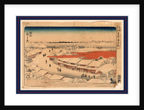 Snow Covered Community in the Morning with Porters Carrying Sedan Chairs, Probably Containing Male Customers, Down the Main Street Leading Away from the Gated Entrance to the Yoshiwara. by Anonymous