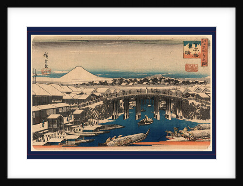 Pedestrians Crossing Bridge Over River, Boats on the River, During Winter, after a Snowfall, with View of Mount Fuji in the Distance by Anonymous