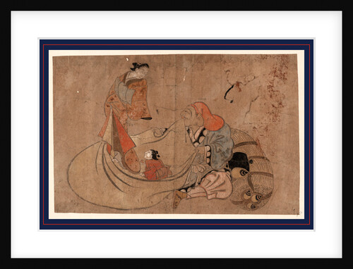 Daikoku, One of the Seven Gods of Fortune, Sitting on the Ground, Holding a Large Sack from which Two Women Emerge by Anonymous