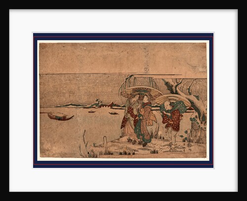 Two Women, Possibly Geisha, and a Male Porter Standing on a Wharf on the Edge of a River During a Snow Storm by Anonymous