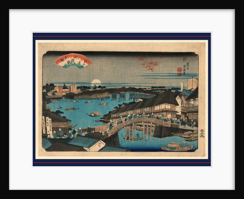 Many People on City Streets and Crossing Bridges Over Bodies of Water, with Boats, Wooden Buildings, and the Setting Sun or Full Moon in the Background by Anonymous