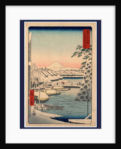 Travelers and Porters Crossing the Sukiya Bridge, the Waterfront with Snow Covered Boats and Buildings, and a View of Mount Fuji in the Background by Anonymous