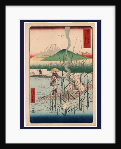 View of Mount Fuji from the Sagami River, Province of Shoshu, with Two Men Poling Rafts and Herons Flying and Diving. by Anonymous